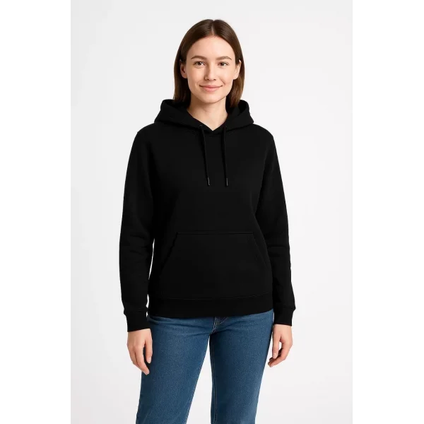 Kadın Üç İplik Kapüşonlu Kanguru Cepli Sweatshirt hoodie - Siyah