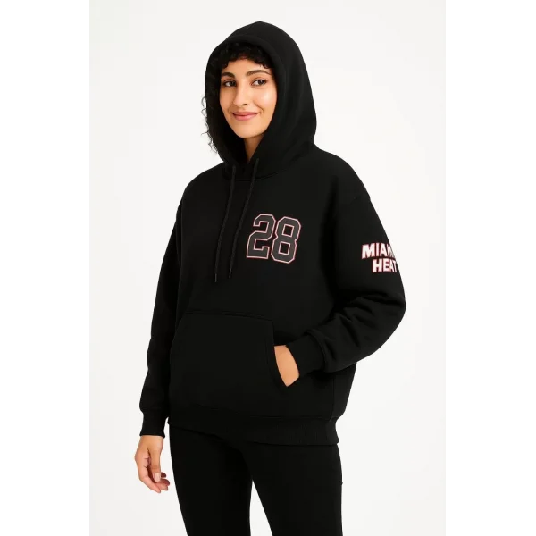 Kadın Üç İplik Kapüşonlu Ön ve Arka Baskılı SweatShirt hoodie - Siyah
