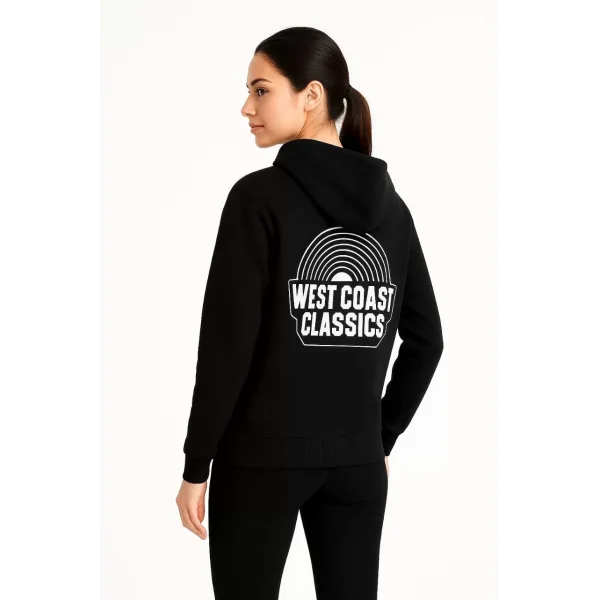Kadın Kapşonlu Sweatshirt – Oversize Üç İplik Şardonlu Hoodie, “West Coast Classics” Ön & Arka Baskılı, Kanguru Cepli Kışlık Günlük Stil - Siyah