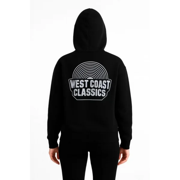 Kadın Kapşonlu Sweatshirt – Oversize Üç İplik Şardonlu Hoodie, “West Coast Classics” Ön & Arka Baskılı, Kanguru Cepli Kışlık Günlük Stil - Siyah