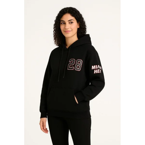 Kadın Üç İplik Kapüşonlu Ön ve Arka Baskılı SweatShirt hoodie - Siyah