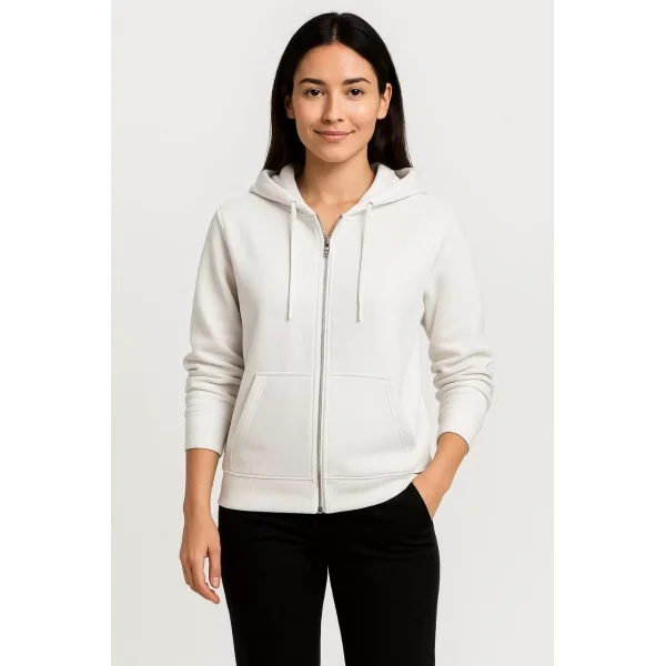 Kadın Üç İplik Kapüşonlu Tam Fermuarlı Kanguru Çepli SweatShirt Hoodie - Beyaz