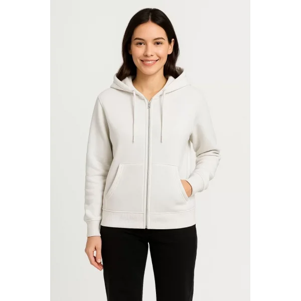 Kadın Üç İplik Kapüşonlu Tam Fermuarlı Kanguru Çepli SweatShirt Hoodie - Beyaz