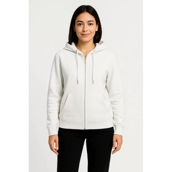 Kadın Üç İplik Kapüşonlu Tam Fermuarlı Kanguru Çepli SweatShirt Hoodie - Beyaz