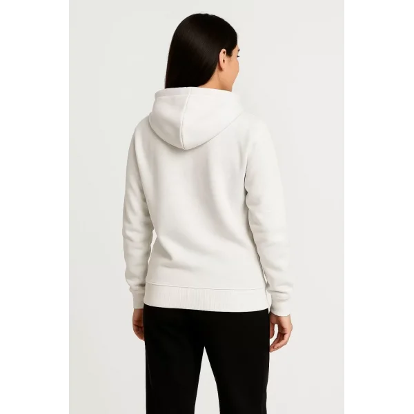 Kadın Üç İplik Kapüşonlu Tam Fermuarlı Kanguru Çepli SweatShirt Hoodie - Beyaz