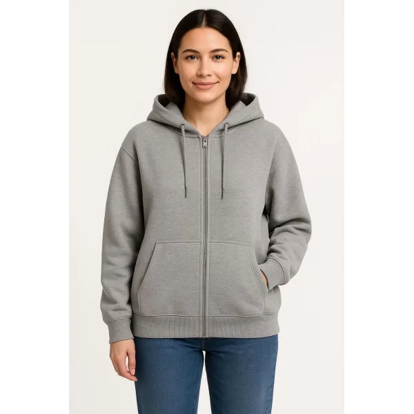 Kadın Üç İplik Kapüşonlu Tam Fermuarlı Kanguru Çepli SweatShirt Hoodie - Gri