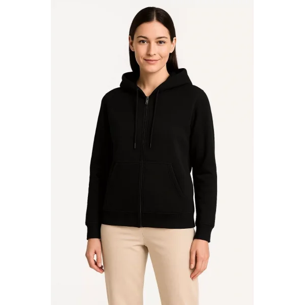 Kadın Üç İplik Kapüşonlu Tam Fermuarlı Kanguru Çepli SweatShirt Hoodie - Siyah