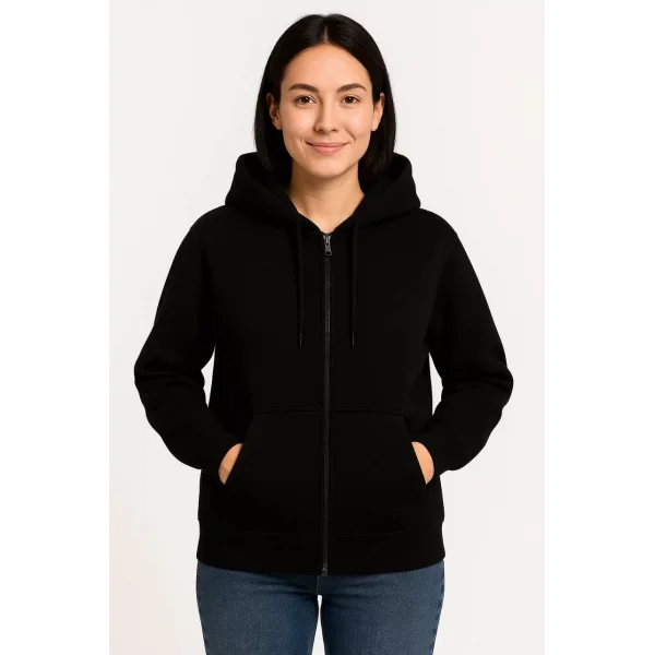 Kadın Üç İplik Kapüşonlu Tam Fermuarlı Kanguru Çepli SweatShirt Hoodie - Siyah