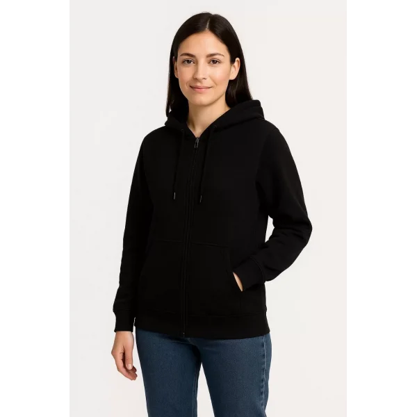 Kadın Üç İplik Kapüşonlu Tam Fermuarlı Kanguru Çepli SweatShirt Hoodie - Siyah