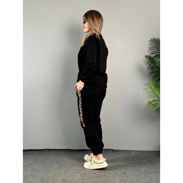 Kadın üç Iplik Kumaş Leopar Desenli Dantel Detaylı Ikili Takım