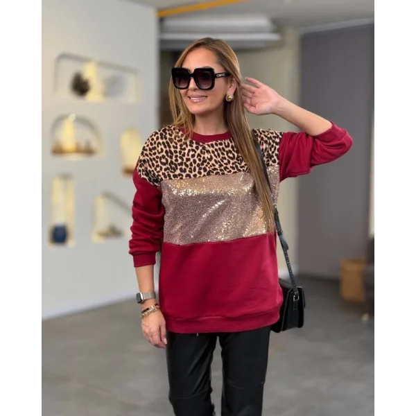 Kadın üç Iplik şardonlu Kumaş eopar Desenli Bluz