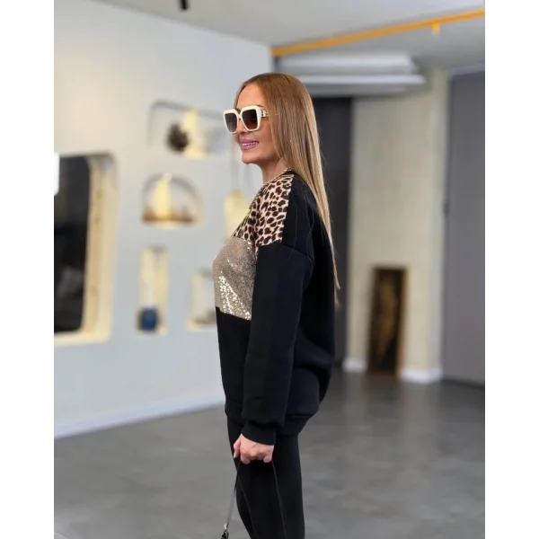 Kadın üç Iplik şardonlu Kumaş Leopar Desenli Bluz