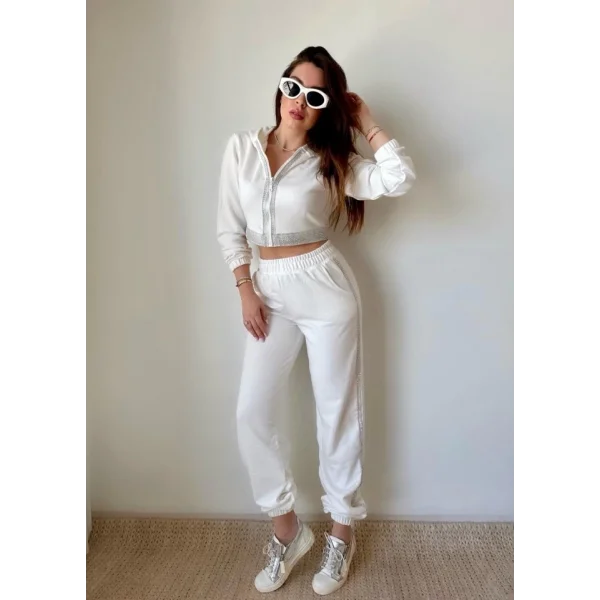 Kadın Üç İplik Şardonsuz Kumaş Taş Detaylı Eşofman Takımı