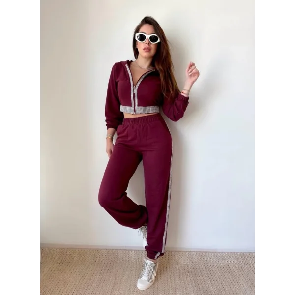 Kadın Üç İplik Şardonsuz Kumaş Taş Detaylı Eşofman Takımı