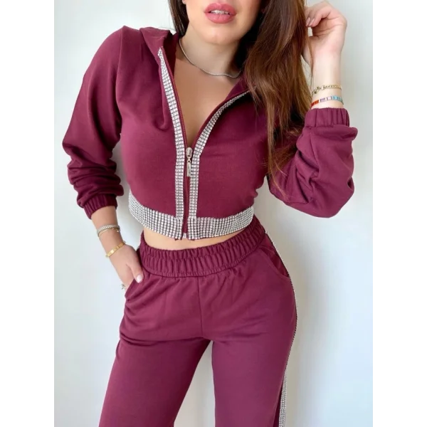 Kadın Üç İplik Şardonsuz Kumaş Taş Detaylı Eşofman Takımı