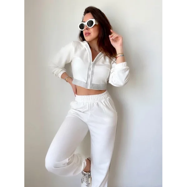 Kadın Üç İplik Şardonsuz Kumaş Taş Detaylı Eşofman Takımı