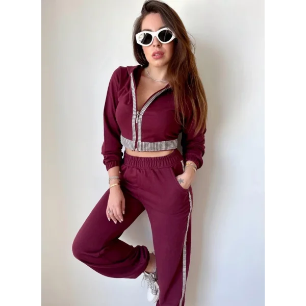 Kadın Üç İplik Şardonsuz Kumaş Taş Detaylı Eşofman Takımı