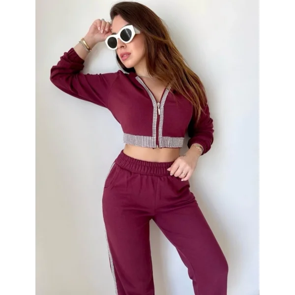 Kadın Üç İplik Şardonsuz Kumaş Taş Detaylı Eşofman Takımı