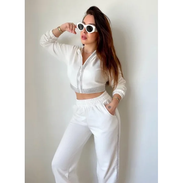 Kadın Üç İplik Şardonsuz Kumaş Taş Detaylı Eşofman Takımı