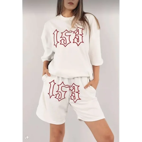 Kadın Unisex Nakış İşlemeli Şort Takım - Beyaz