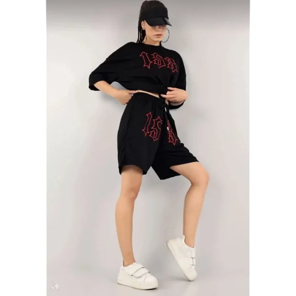 Kadın Unisex Nakış İşlemeli Şort Takım - Siyah