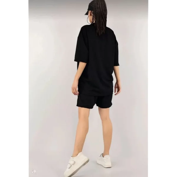 Kadın Unisex Nakış İşlemeli Şort Takım - Siyah