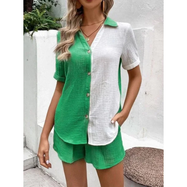 Kadın üslim Keten Kumaş çiftren şort Gömlek Takım
