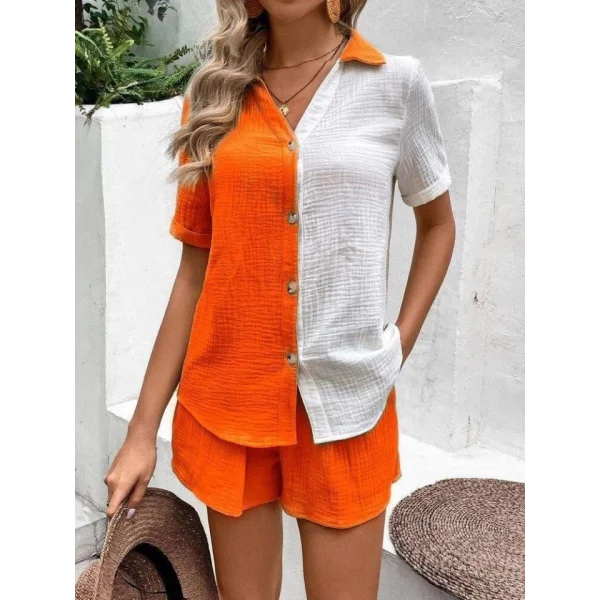 Kadın üslim Keten Kumaş çiftren şort Gömlek Takım