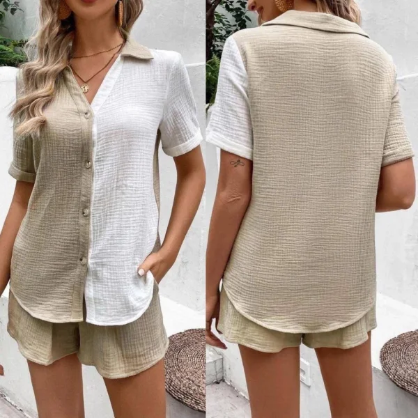 Kadın üslim Keten Kumaş çiftren şort Gömlek Takım