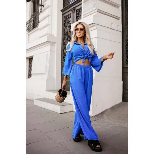 Kadın Üst Geniş Manşet Gömlek, Alt Geniş Paça Beli Lastikli Cepli Pantolon Aerobin Takım