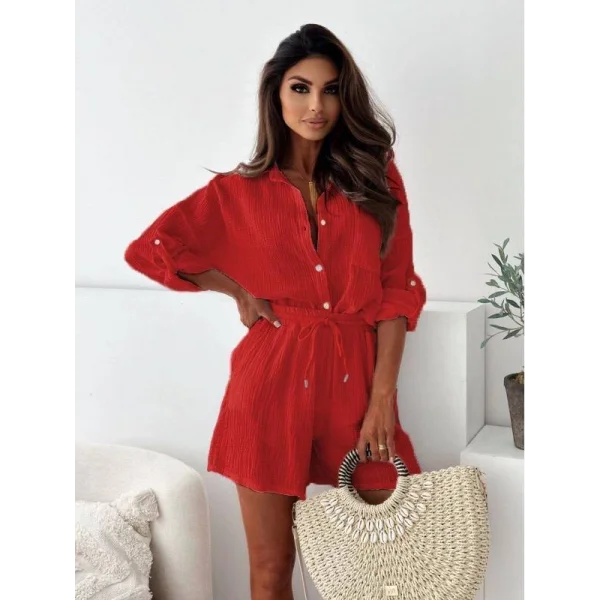 Kadın Üst Kol Apolet Detaylı Gömlek, Alt Beli Lastikli Şort Müslin Kumaş İkili Takım