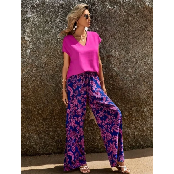 Kadın Üst Sandy Kumaş V Yaka Bluz Alt Mikro Kumaş Çiçek Desenli Pantolon İkili Takım