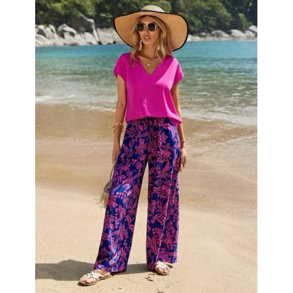 Kadın Üst Sandy Kumaş V Yaka Bluz Alt Mikro Kumaş Çiçek Desenli Pantolon İkili Takım