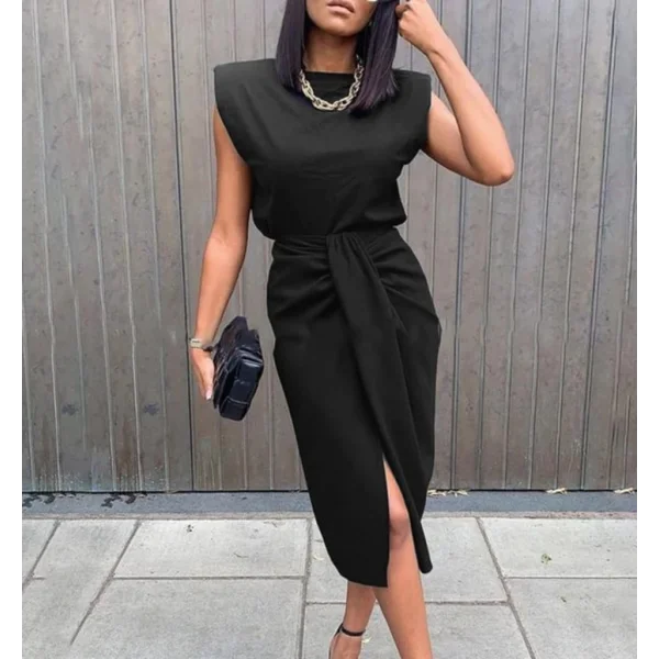 Kadın üst Vatkalı Kolsuz, Alt Büzgülü Yırtmaçlı Arkası Fermuarlı Krep Etek Bluz Takim