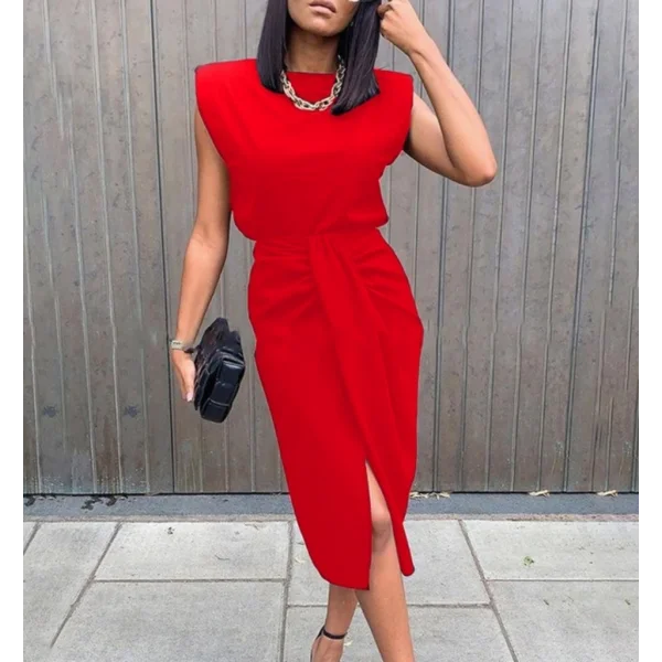 Kadın üst Vatkalı Kolsuz, Alt Büzgülü Yırtmaçlı Arkası Fermuarlı Krep Etek Bluz Takim