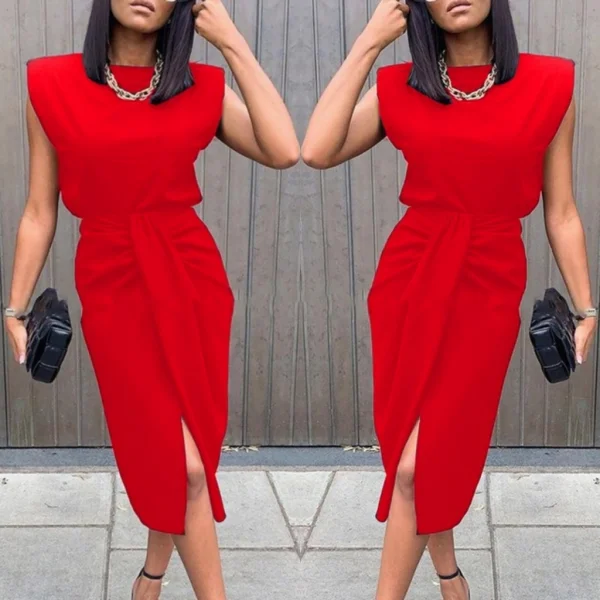 Kadın üst Vatkalı Kolsuz, Alt Büzgülü Yırtmaçlı Arkası Fermuarlı Krep Etek Bluz Takim