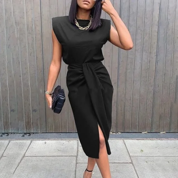 Kadın üst Vatkalı Kolsuz, Alt Büzgülü Yırtmaçlı Arkası Fermuarlı Krep Etek Bluz Takim