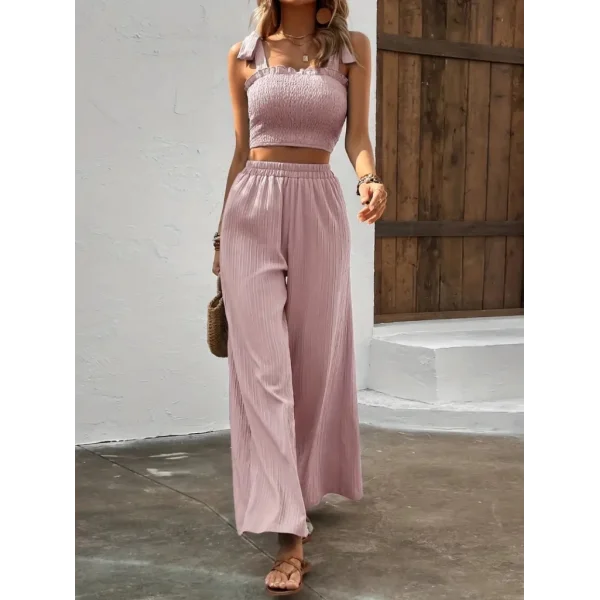 Kadın üstü Gipeli Crop Beli Lastikli Bol Pantolon Bürümcük Ikili Takım