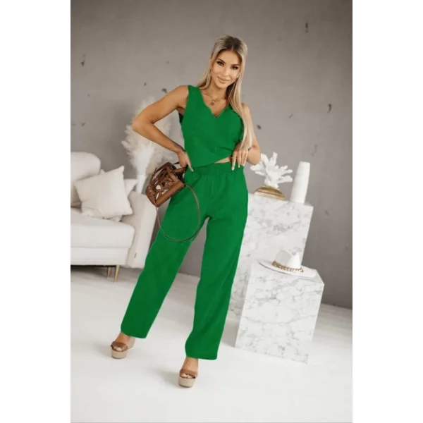 Kadın Üstü V Yaka Kolsuz Krop Alt Beli Lastikli Pantalon İki İplik Takım