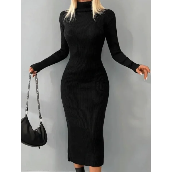 Kadın Uzun Balıkçı Yaka Midiboy Triko Elbise