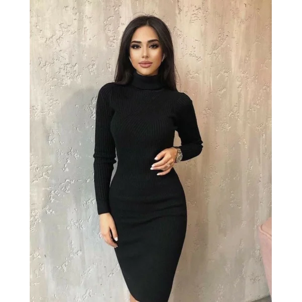 Kadın Uzun Balıkçı Yaka Midiboy Triko Elbise