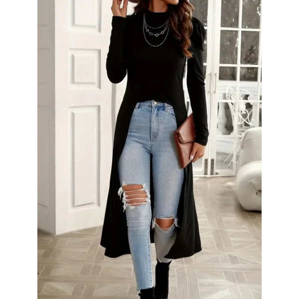 Kadın Uzun Balon Kollu Yarı Balıkçı Yaka önü Açık Kaşkorse Tunik