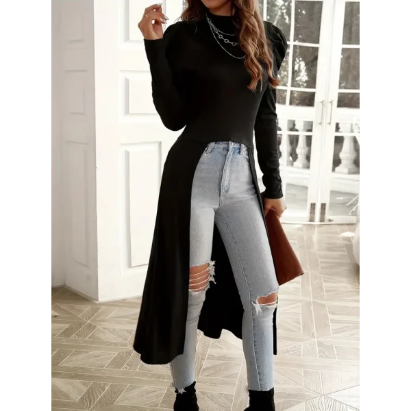 Kadın Uzun Balon Kollu Yarı Balıkçı Yaka önü Açık Kaşkorse Tunik