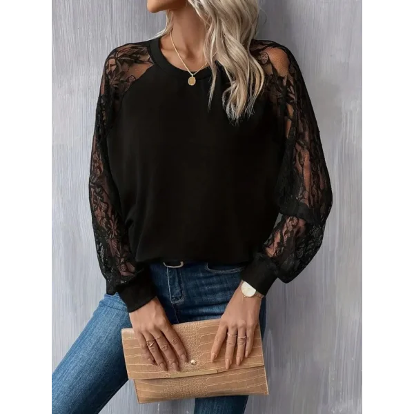 Kadın Uzun Dantel Kollu Bisiklet Yaka Viskon Bluz