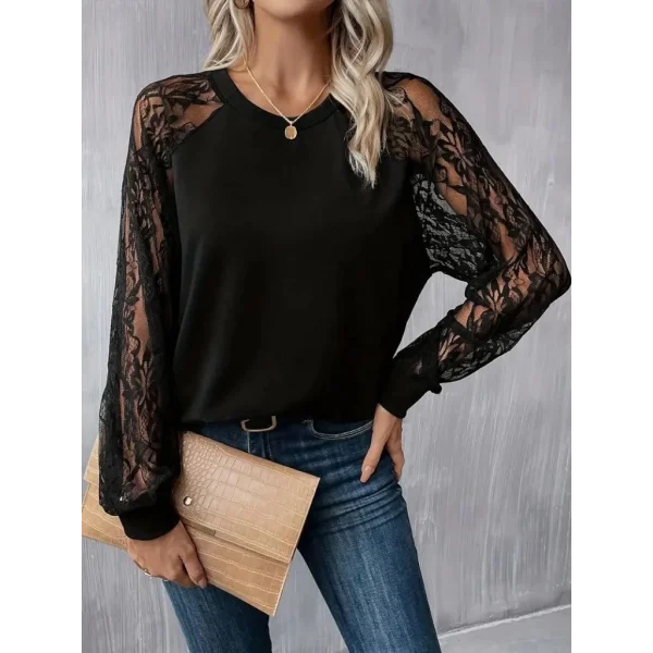 Kadın Uzun Dantel Kollu Bisiklet Yaka Viskon Bluz