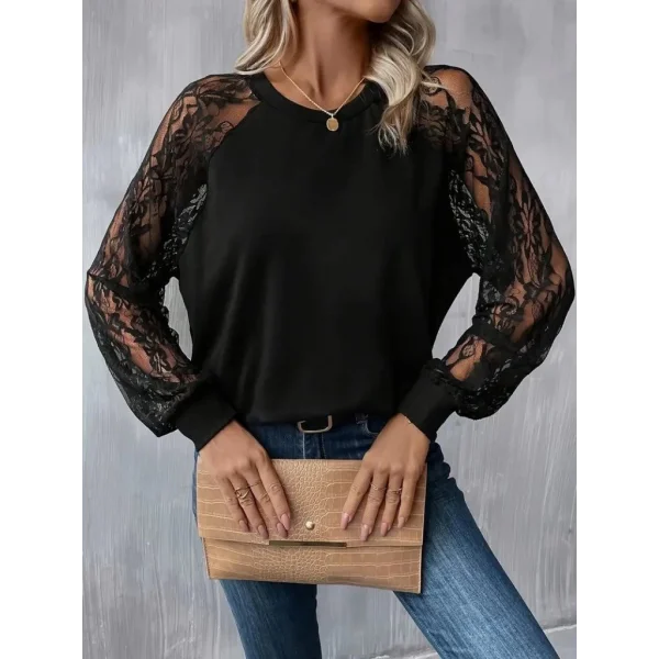 Kadın Uzun Dantel Kollu Bisiklet Yaka Viskon Bluz