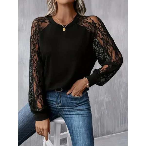 Kadın Uzun Dantel Kollu Bisiklet Yaka Viskon Bluz