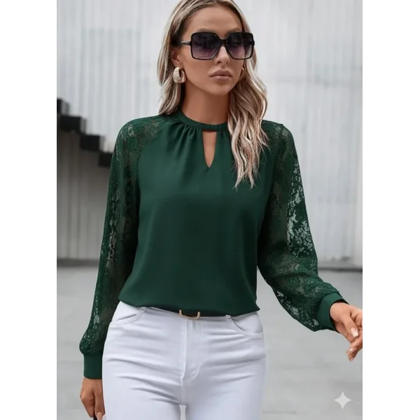 Kadın Uzun Dantel Kollu Yuvarlak Yakalı Sandy Bluz