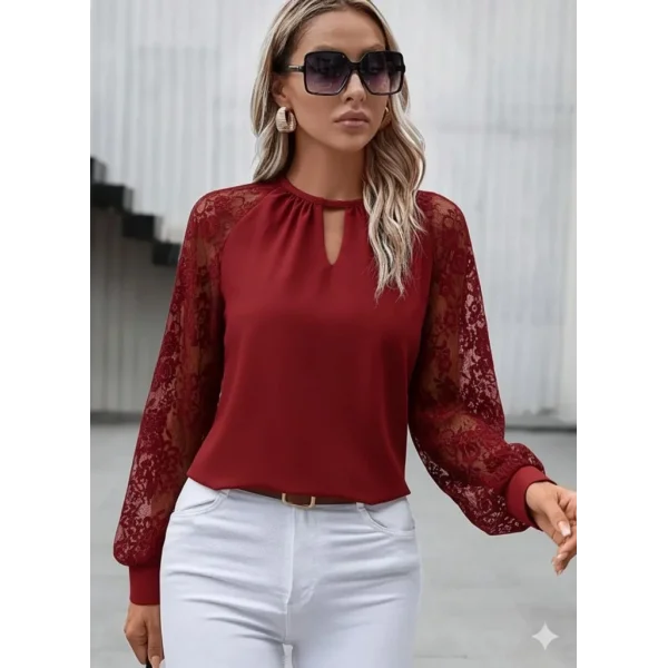 Kadın Uzun Dantel Kollu Yuvarlak Yakalı Sandy Bluz