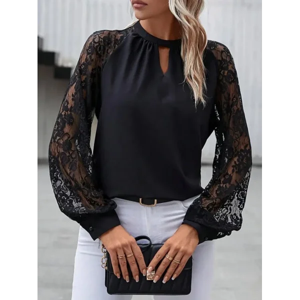 Kadın Uzun Dantel Kollu Yuvarlak Yakalı Sandy Bluz